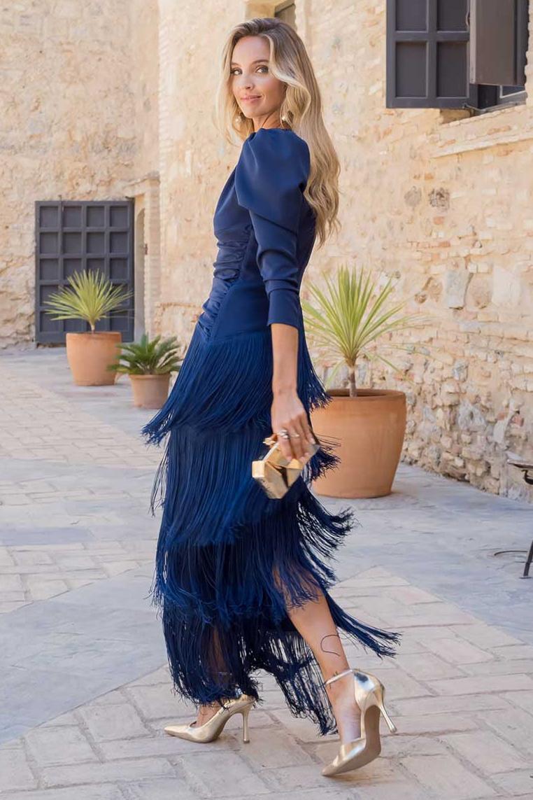 Tassel Ruched Long Sleeve Midi Dress