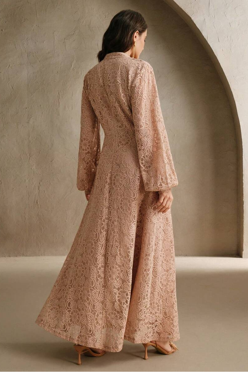 Lace Button Lantern Sleeve Midi Dress