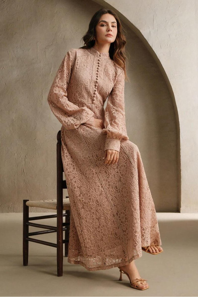 Lace Button Lantern Sleeve Midi Dress