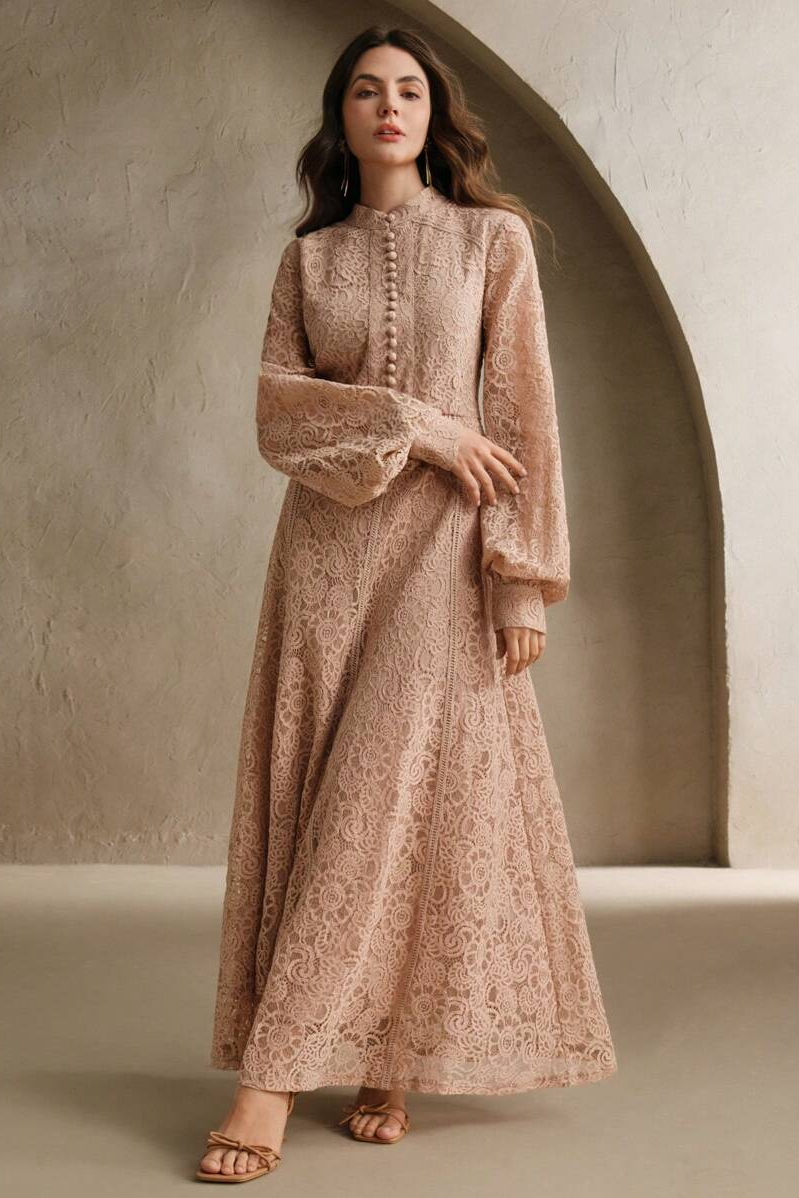 Lace Button Lantern Sleeve Midi Dress