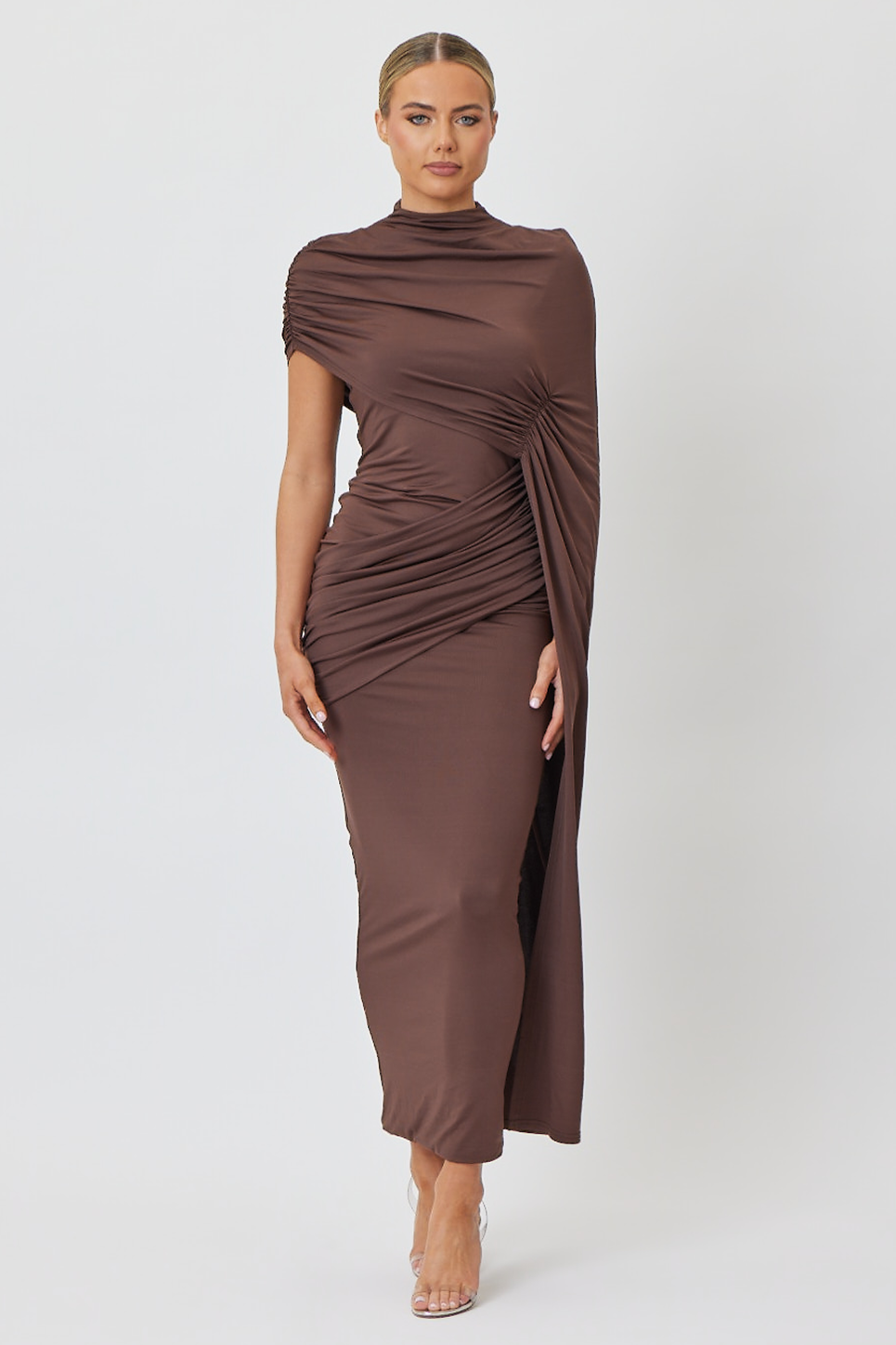 Jersey Gathering Cape Sleeve Midi Dress