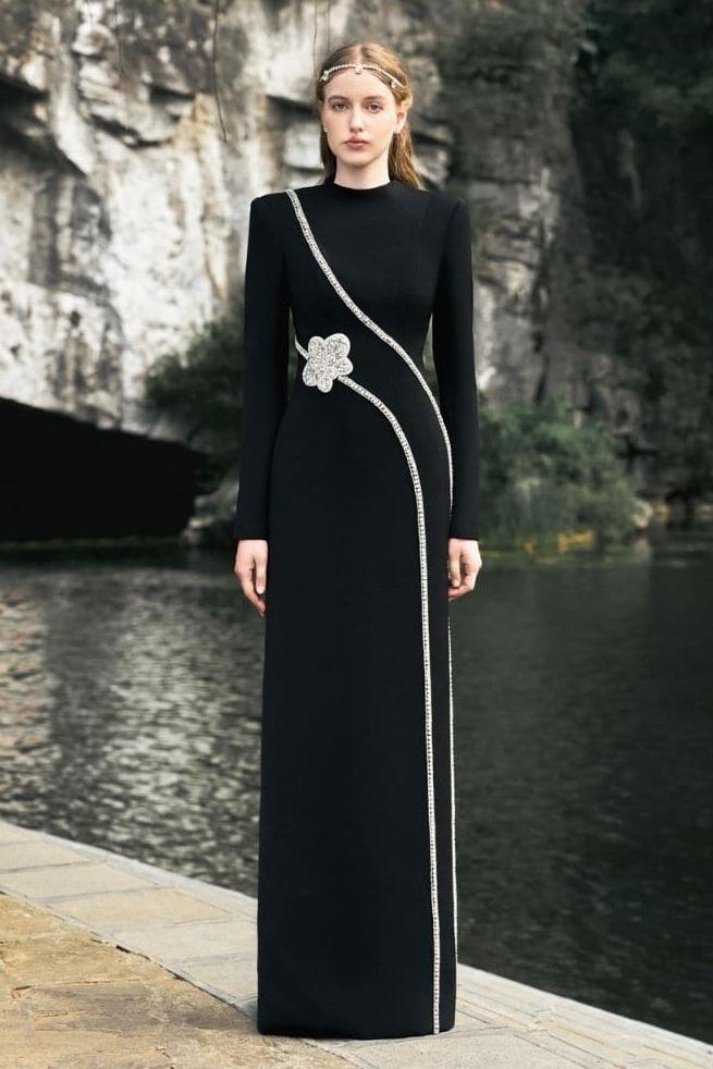 Nail Bead Embroidery Long Sleeve Maxi Dress