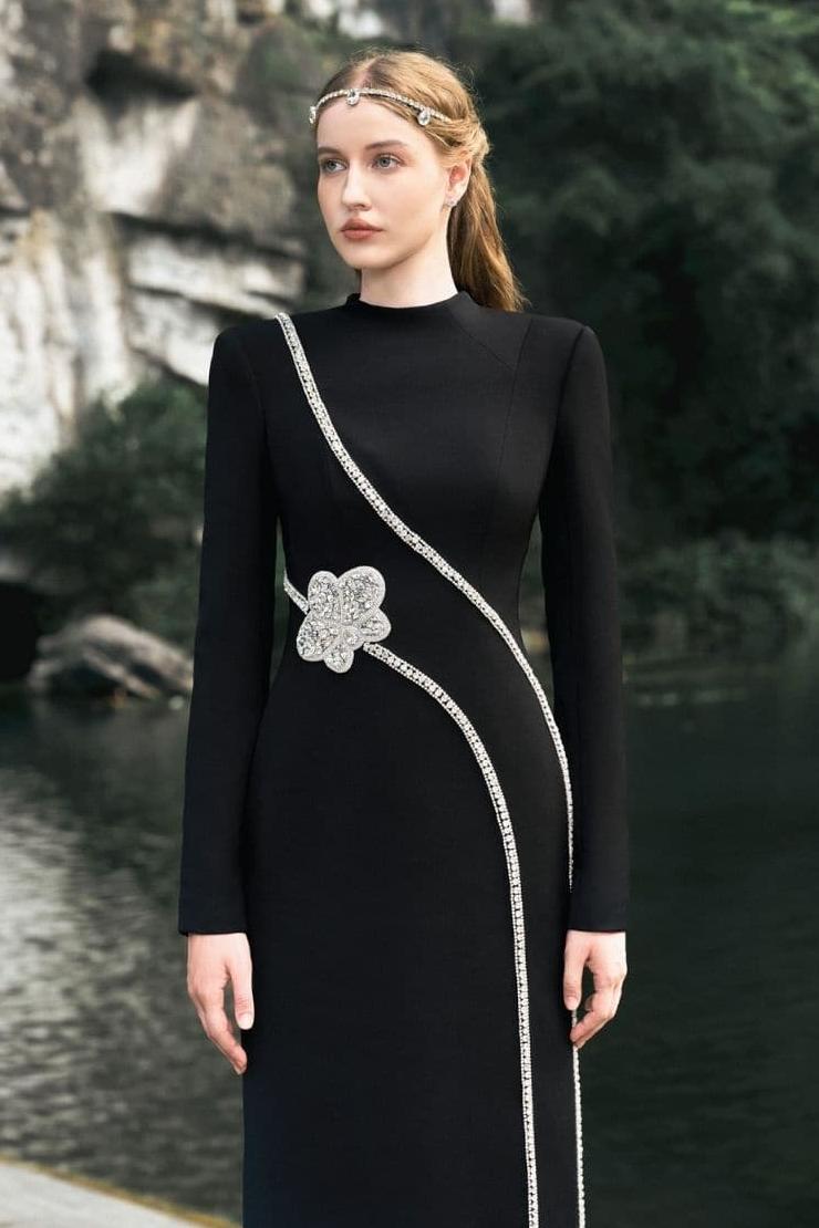 Nail Bead Embroidery Long Sleeve Maxi Dress
