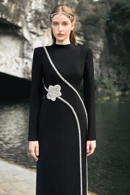 Nail Bead Embroidery Long Sleeve Maxi Dress