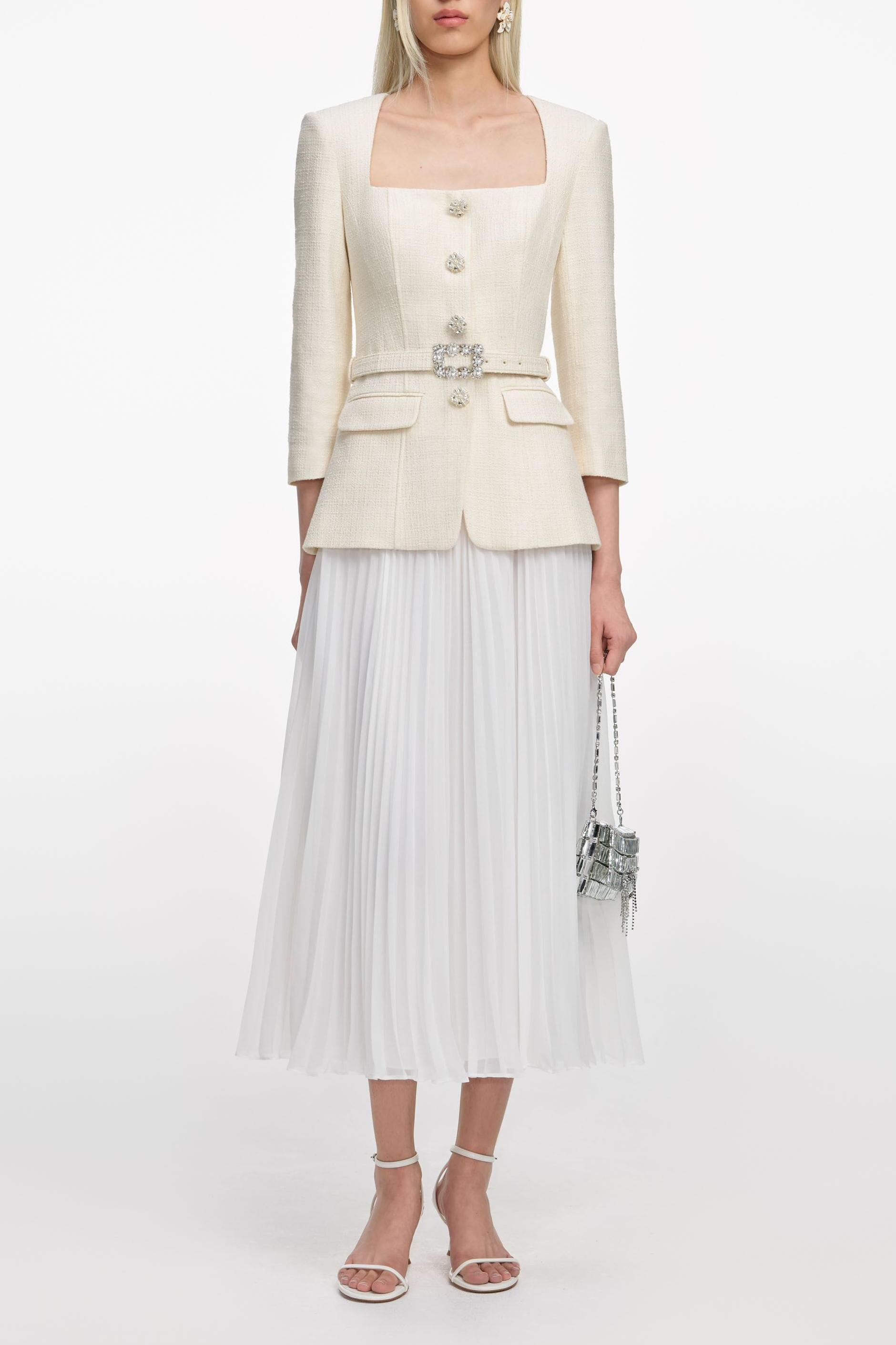 Pleated Metal Button Midi Dress With Belt