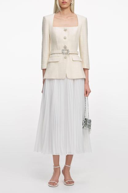 Pleated Metal Button Midi Dress With Belt