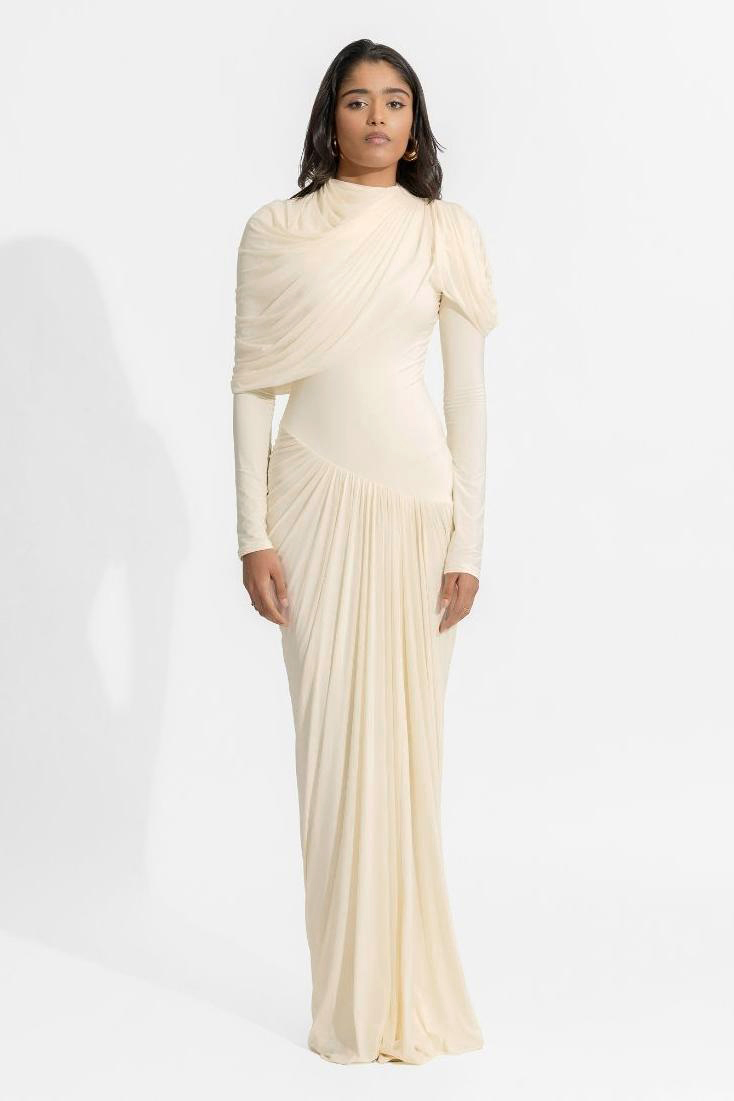 Jersey Chiffon Gathering Maxi Dress