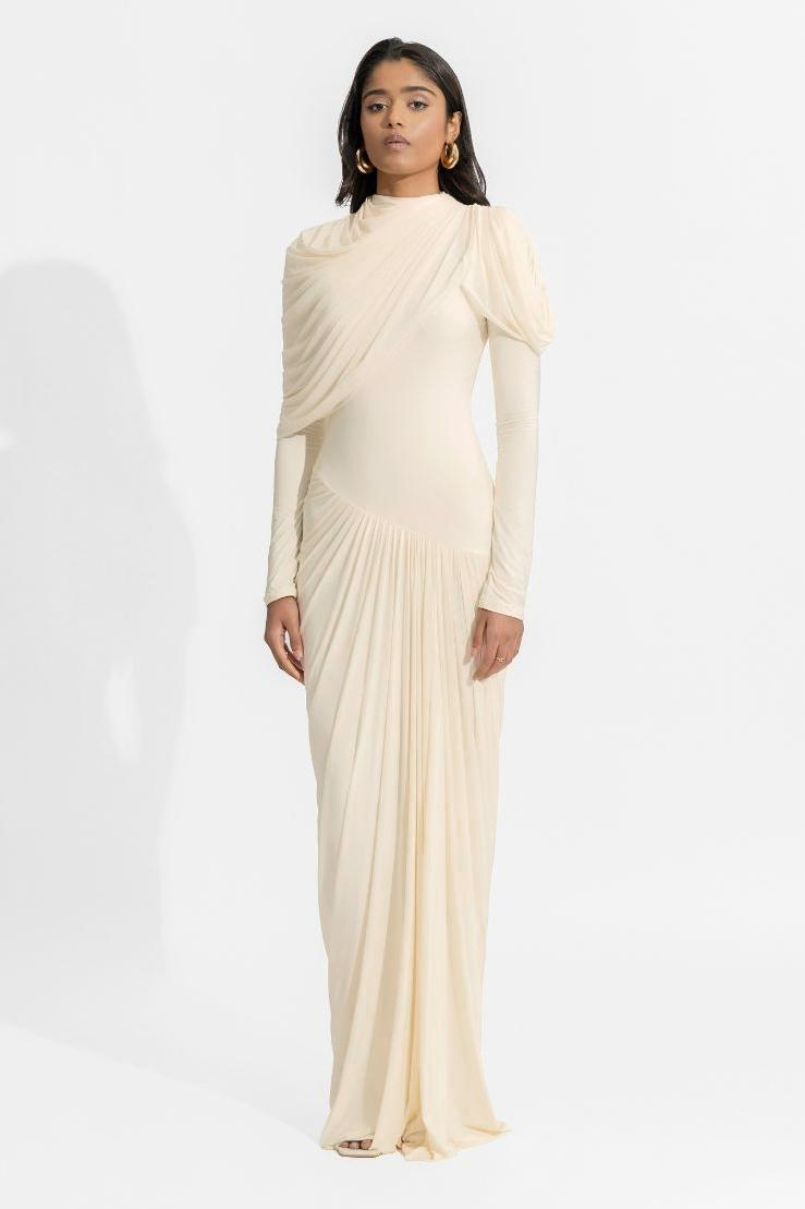 Jersey Chiffon Gathering Maxi Dress