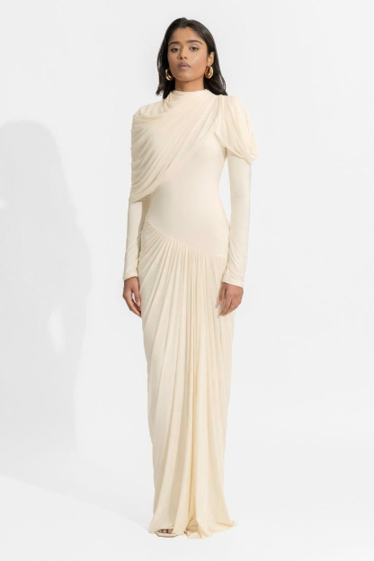 Jersey Chiffon Gathering Maxi Dress