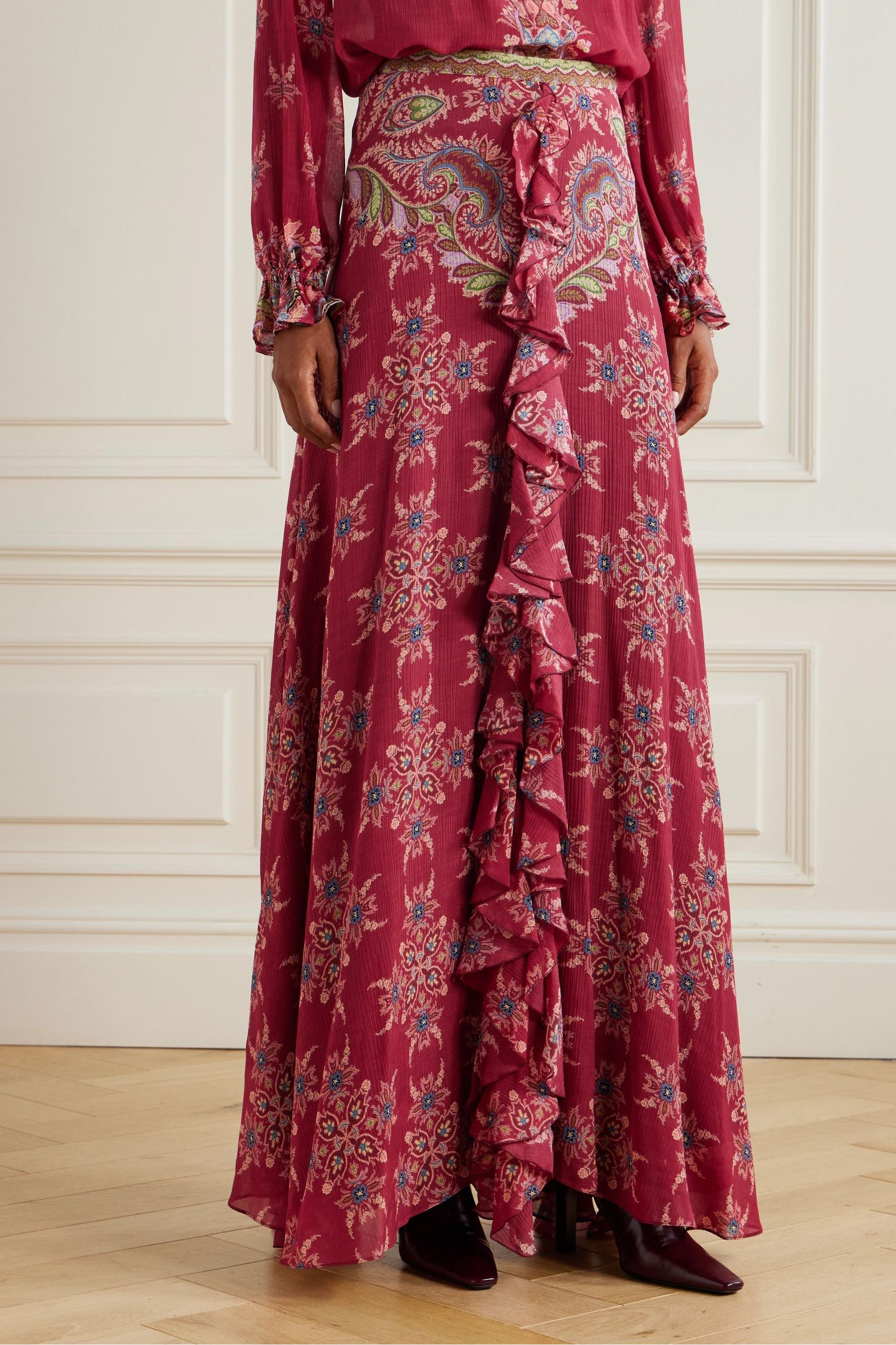 Paisley Print Top & High Waist Frill Maxi Skirt Set