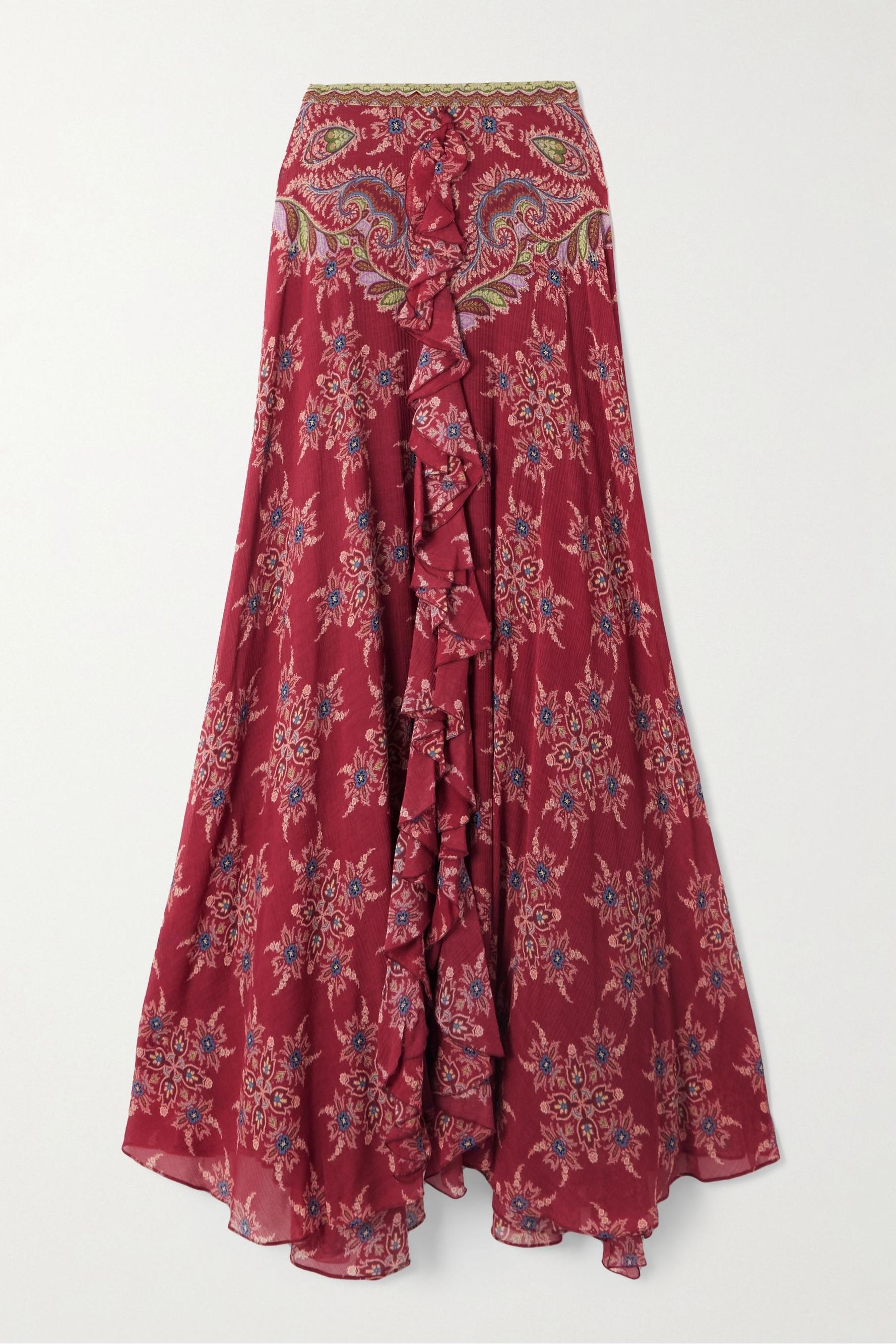 Paisley Print Top & High Waist Frill Maxi Skirt Set