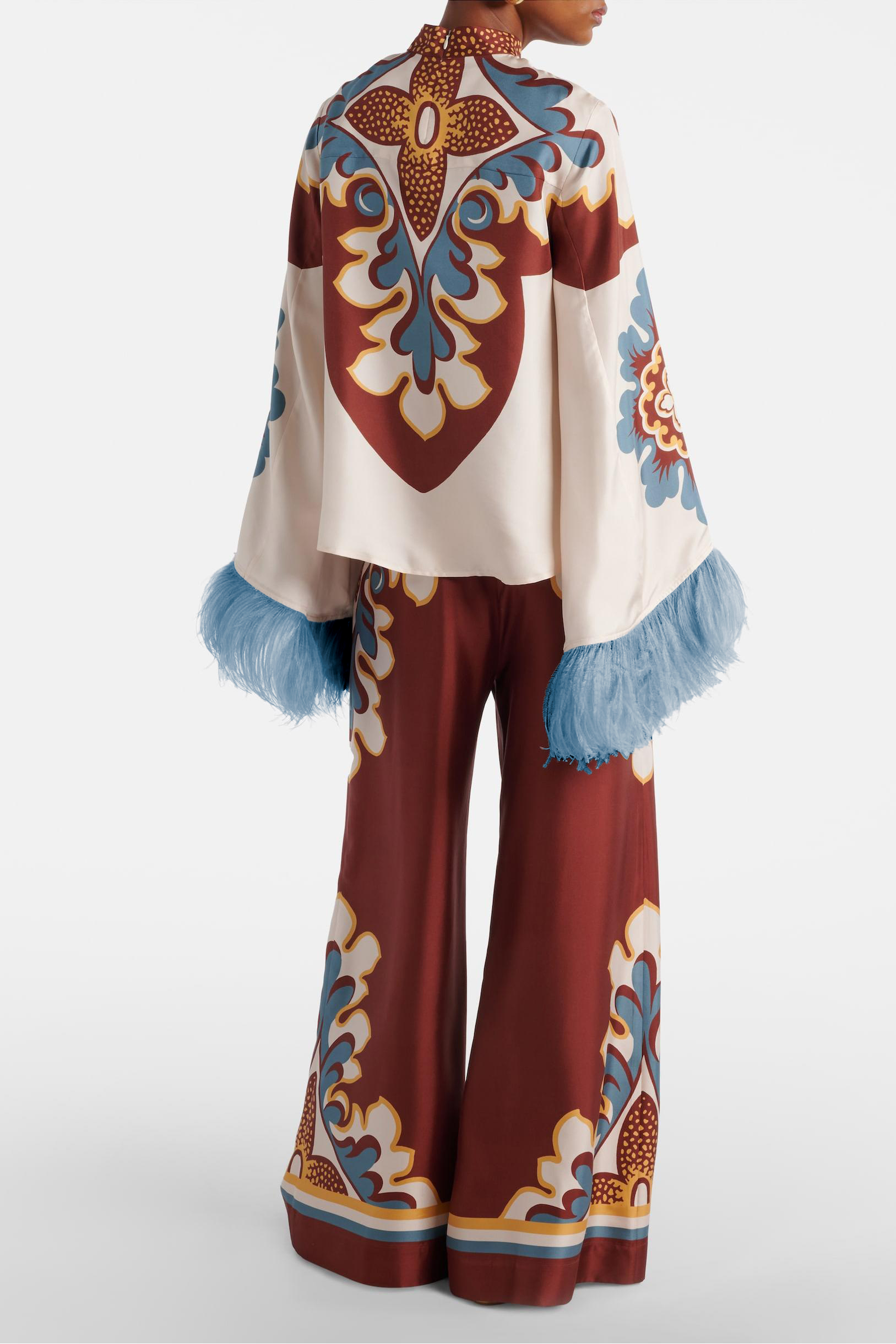 Paisley Print Feather Top & Mid Waist Pants Set