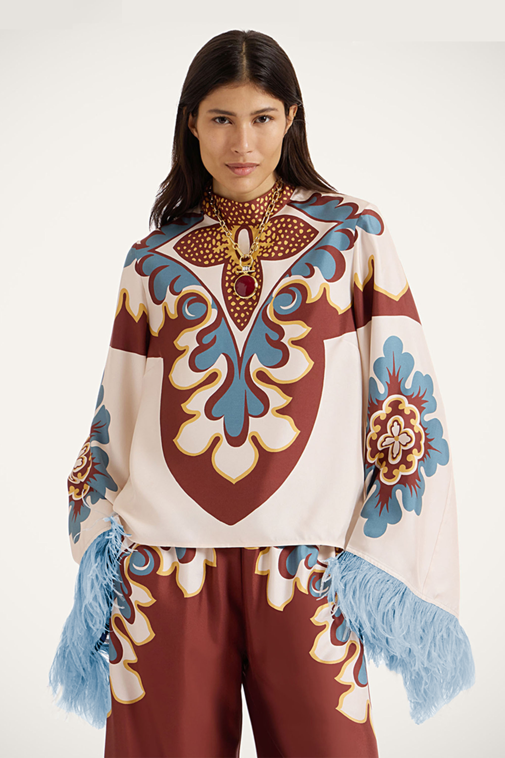 Paisley Print Feather Top & Mid Waist Pants Set