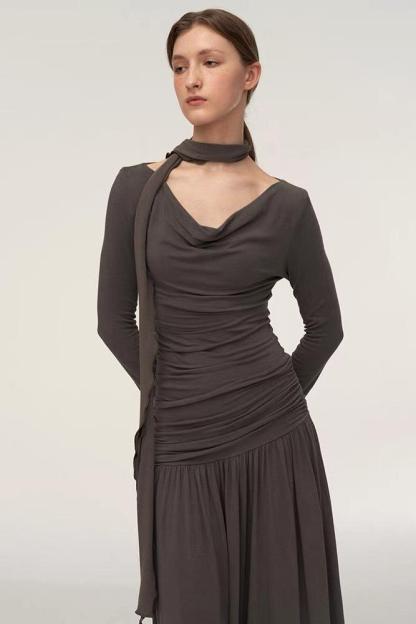 Jersey Gathering Long Sleeve Maxi Dress