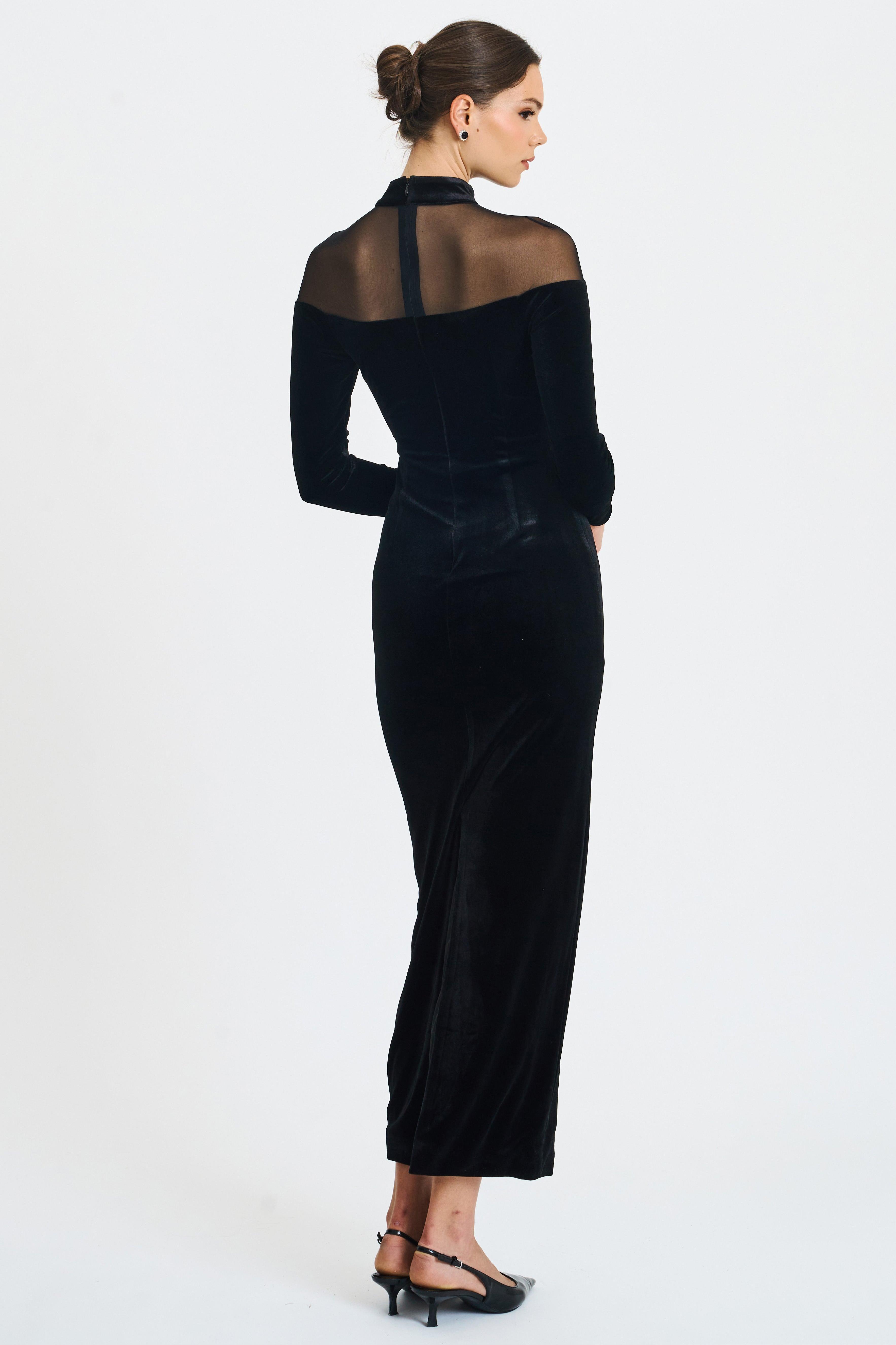 Velvet Splicing Long Sleeve Midi Dress