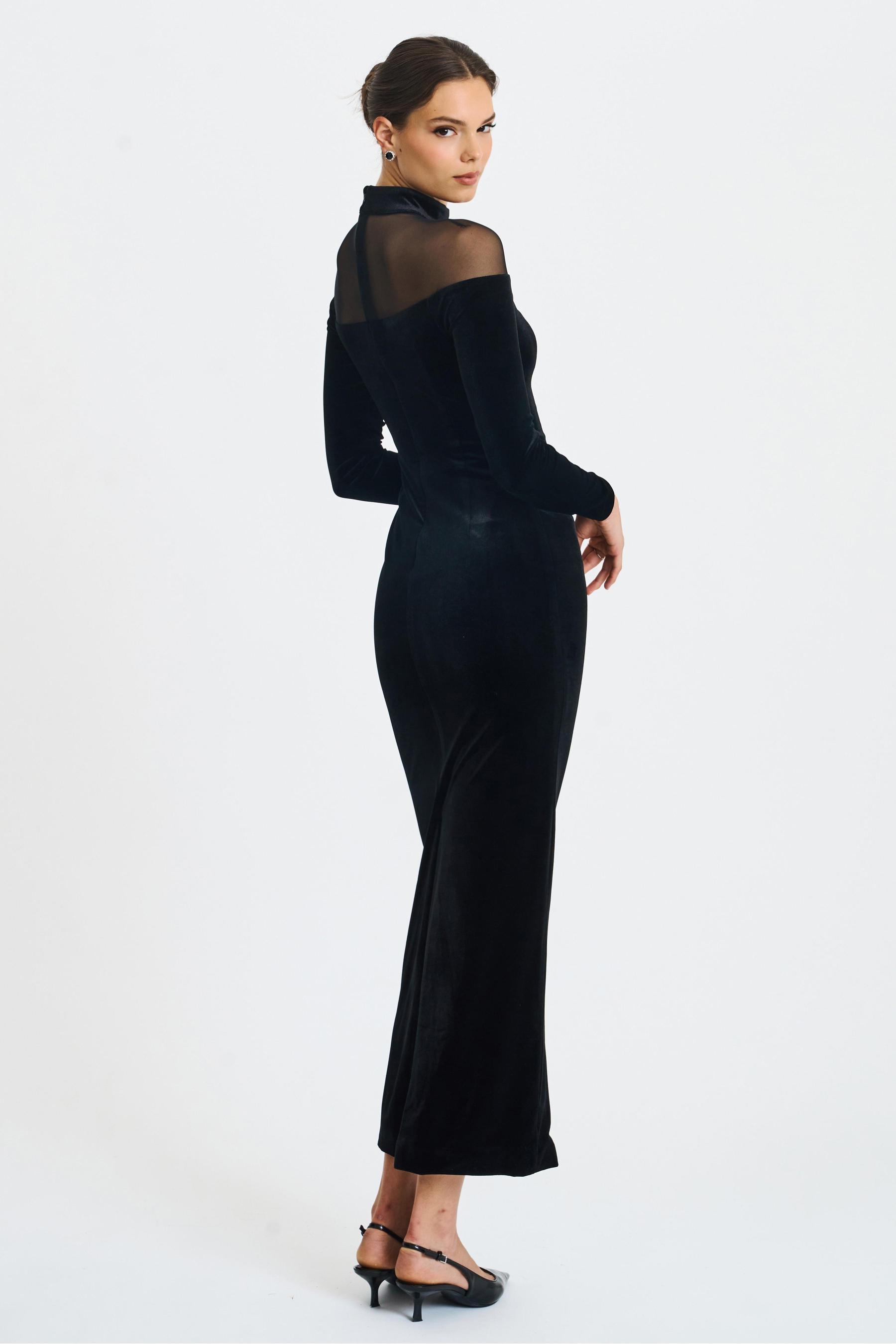 Velvet Splicing Long Sleeve Midi Dress