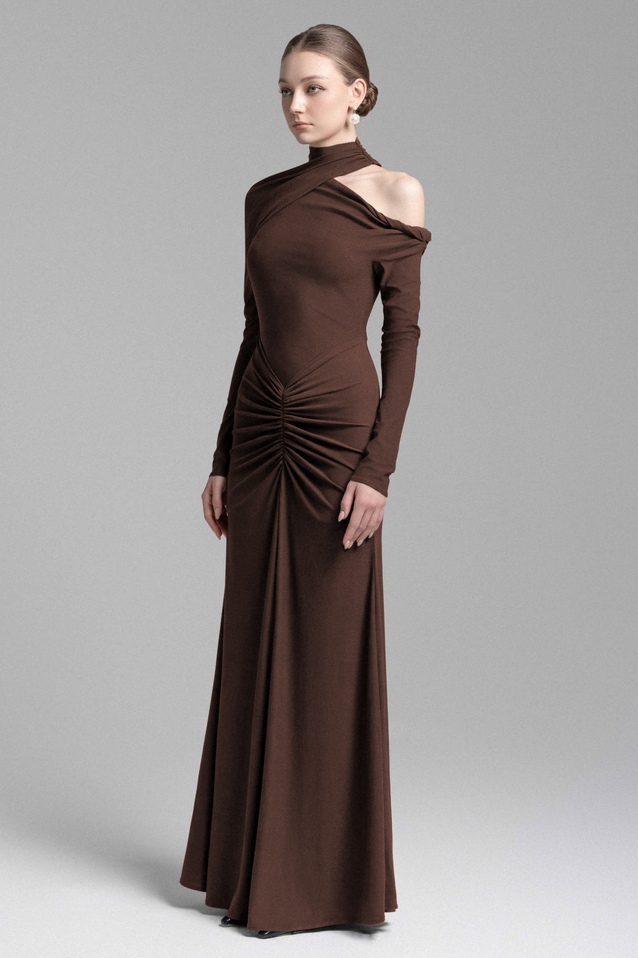 Jersey Ruched Asymmetrical Neck Maxi Dress
