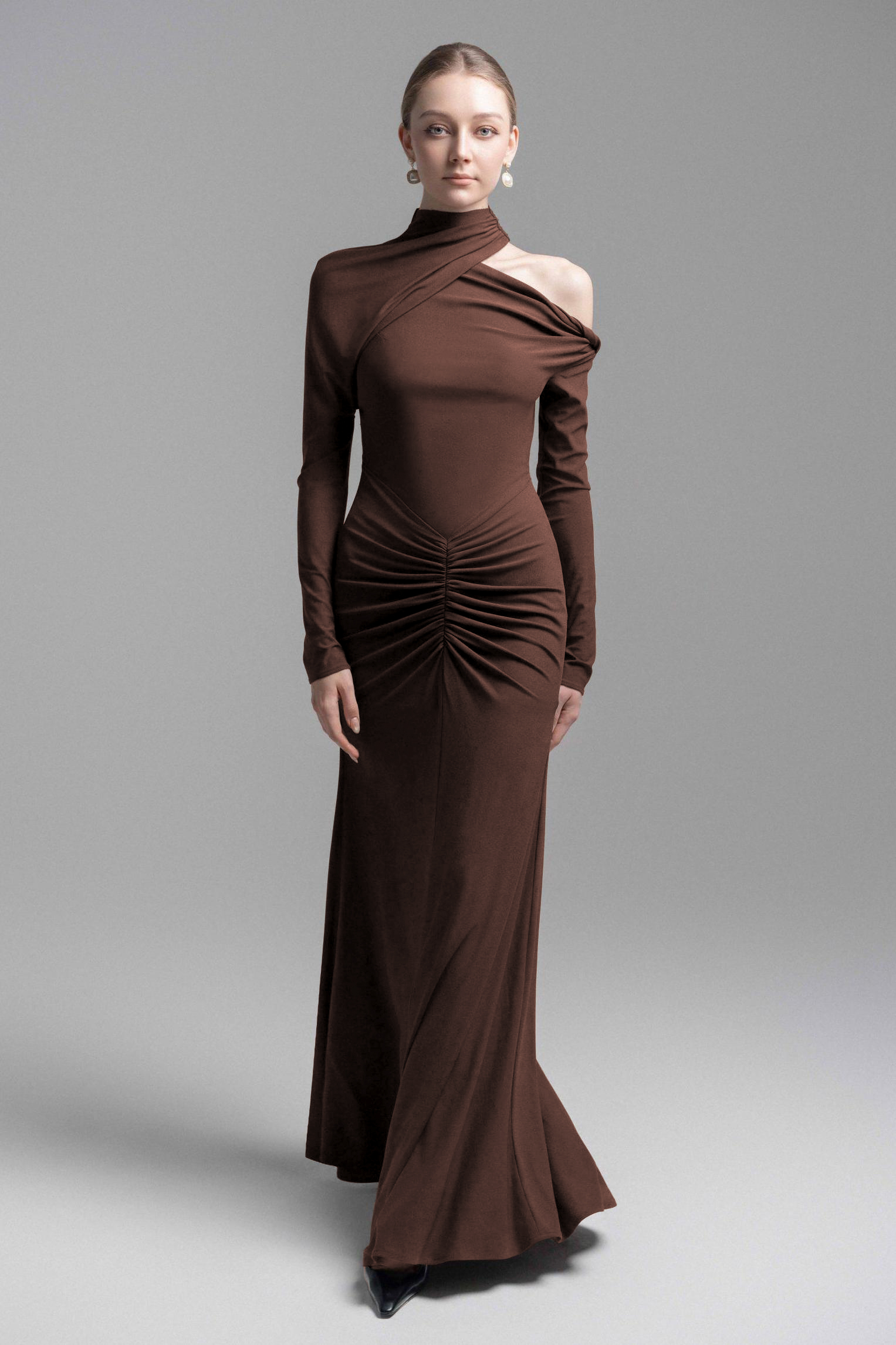 Jersey Ruched Asymmetrical Neck Maxi Dress