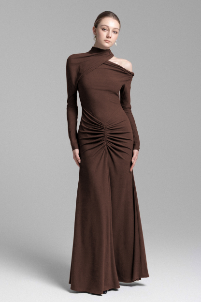 Jersey Ruched Asymmetrical Neck Maxi Dress