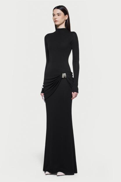 Jersey Metal Decorations Long Sleeve Maxi Dress