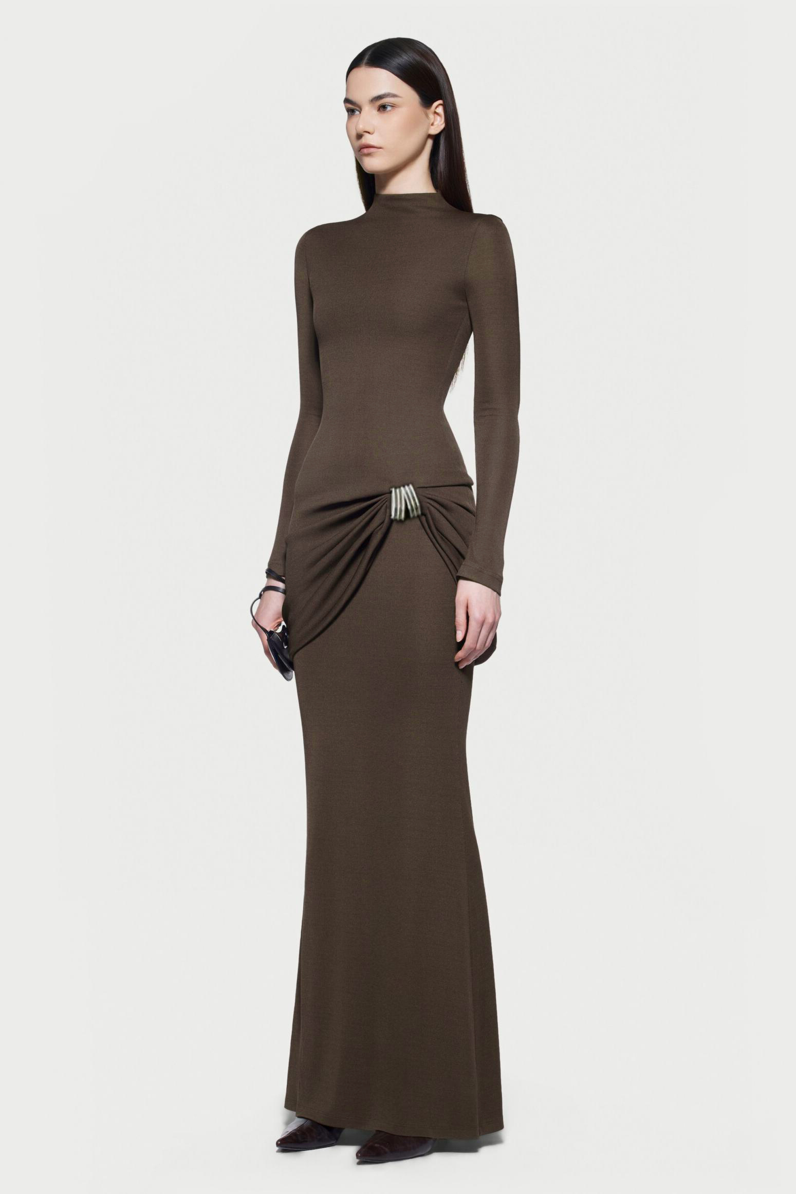 Jersey Metal Decorations Long Sleeve Maxi Dress