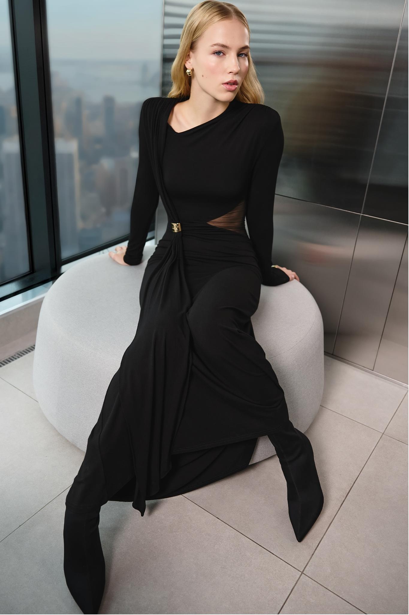 Jersey Metal Decorations Long Sleeve Midi Dress