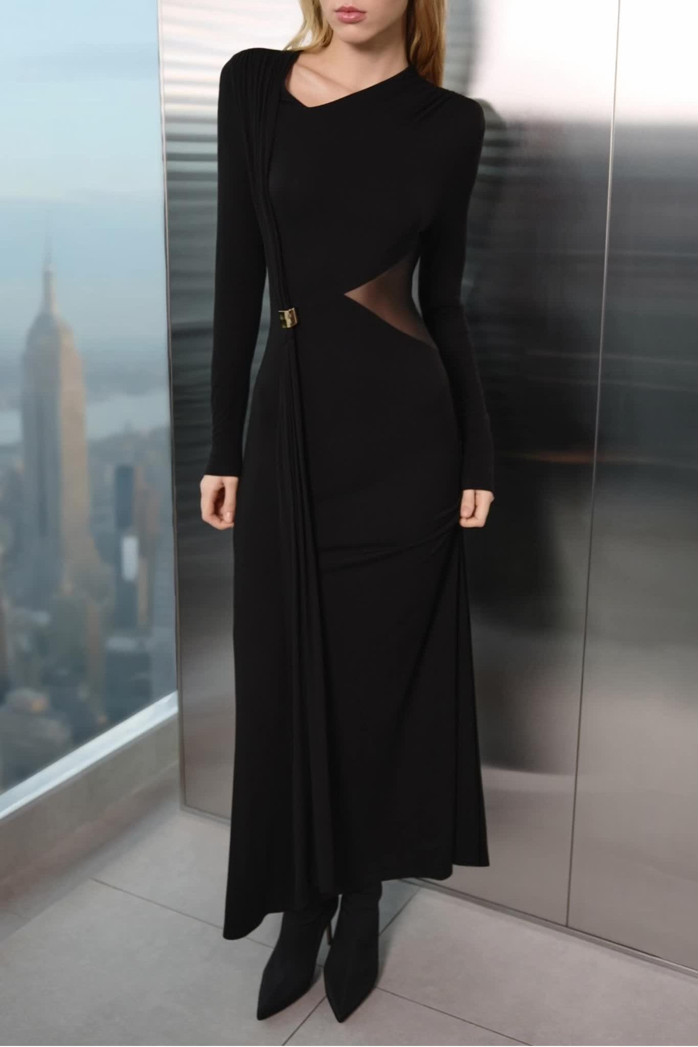 Jersey Metal Decorations Long Sleeve Midi Dress