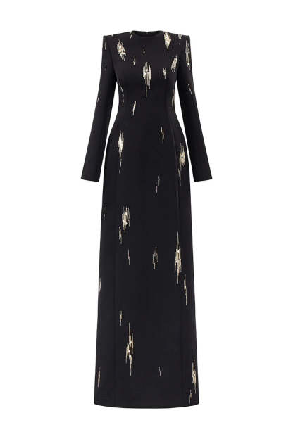 Nail Bead Embroidery Long Sleeve Maxi Dress