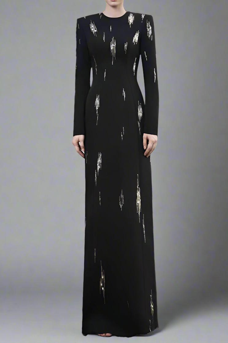 Nail Bead Embroidery Long Sleeve Maxi Dress