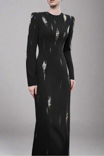 Nail Bead Embroidery Long Sleeve Maxi Dress