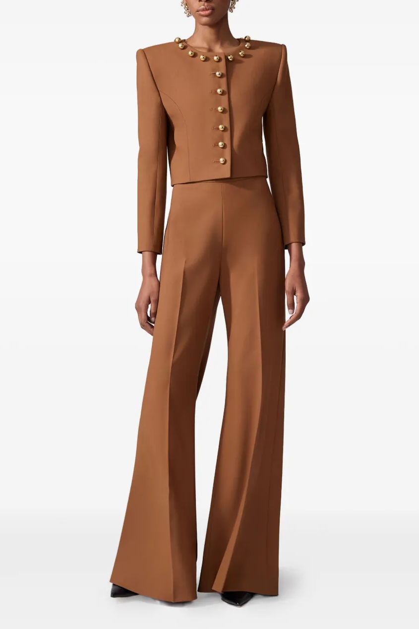 Metal Button Round Neck Top & Hight Waist Pants Set