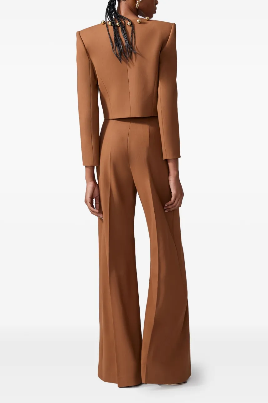 Metal Button Round Neck Top & Hight Waist Pants Set