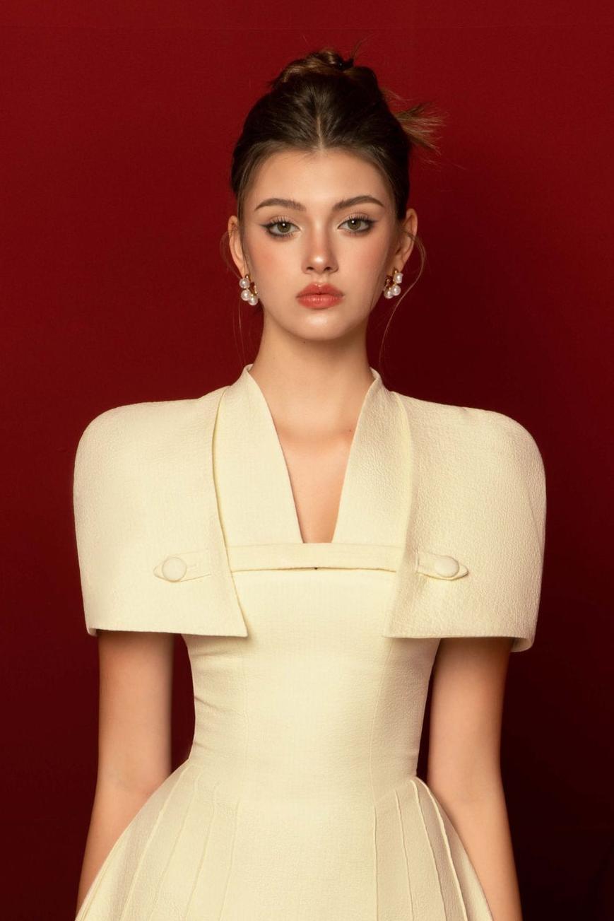 V-Neck Ruched Midi Dress With Cape