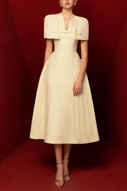 V-Neck Ruched Midi Dress With Cape