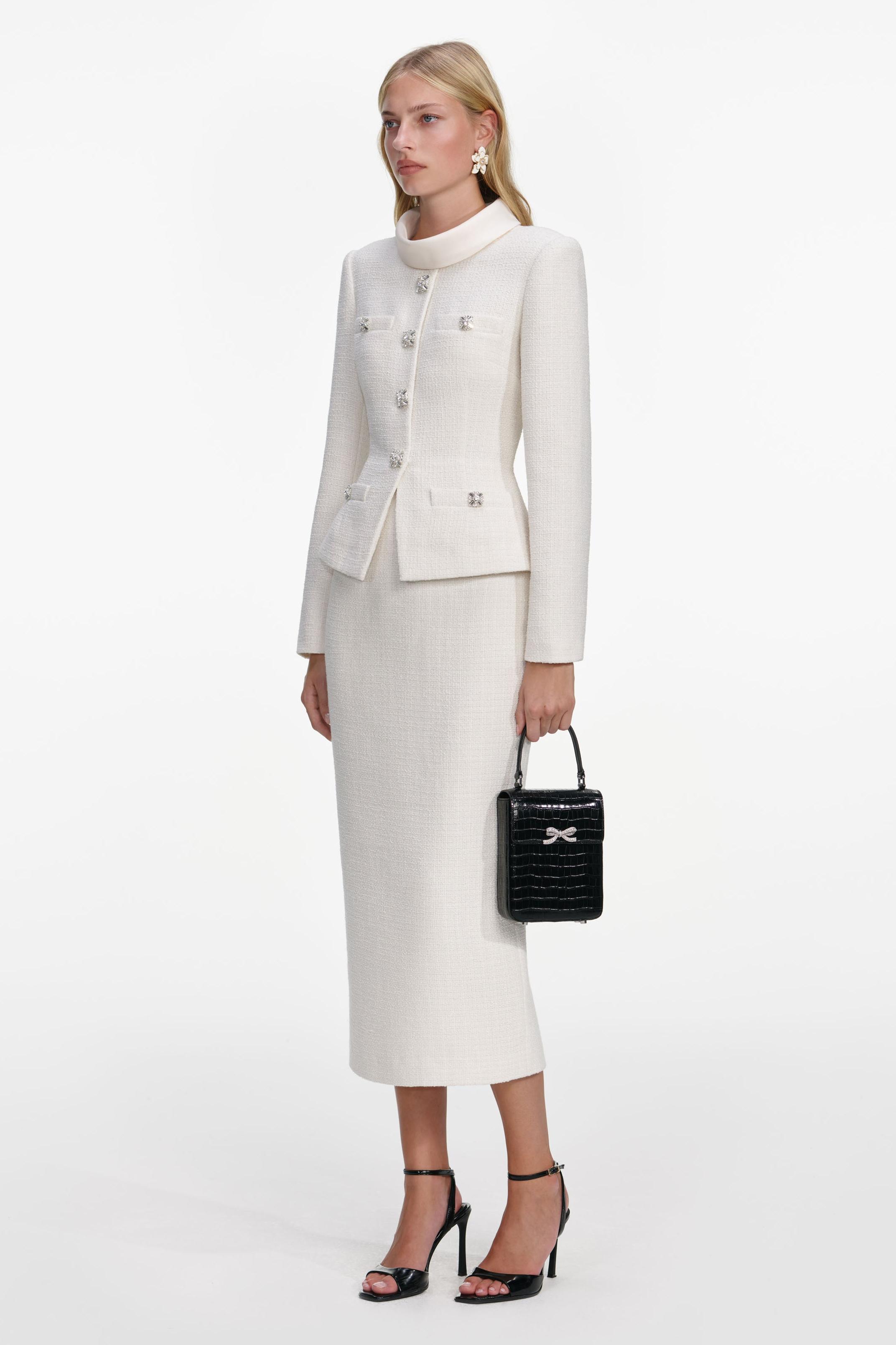 Stand Collar Rhinestone Button Top & Hight Waist Midi Skirt Set