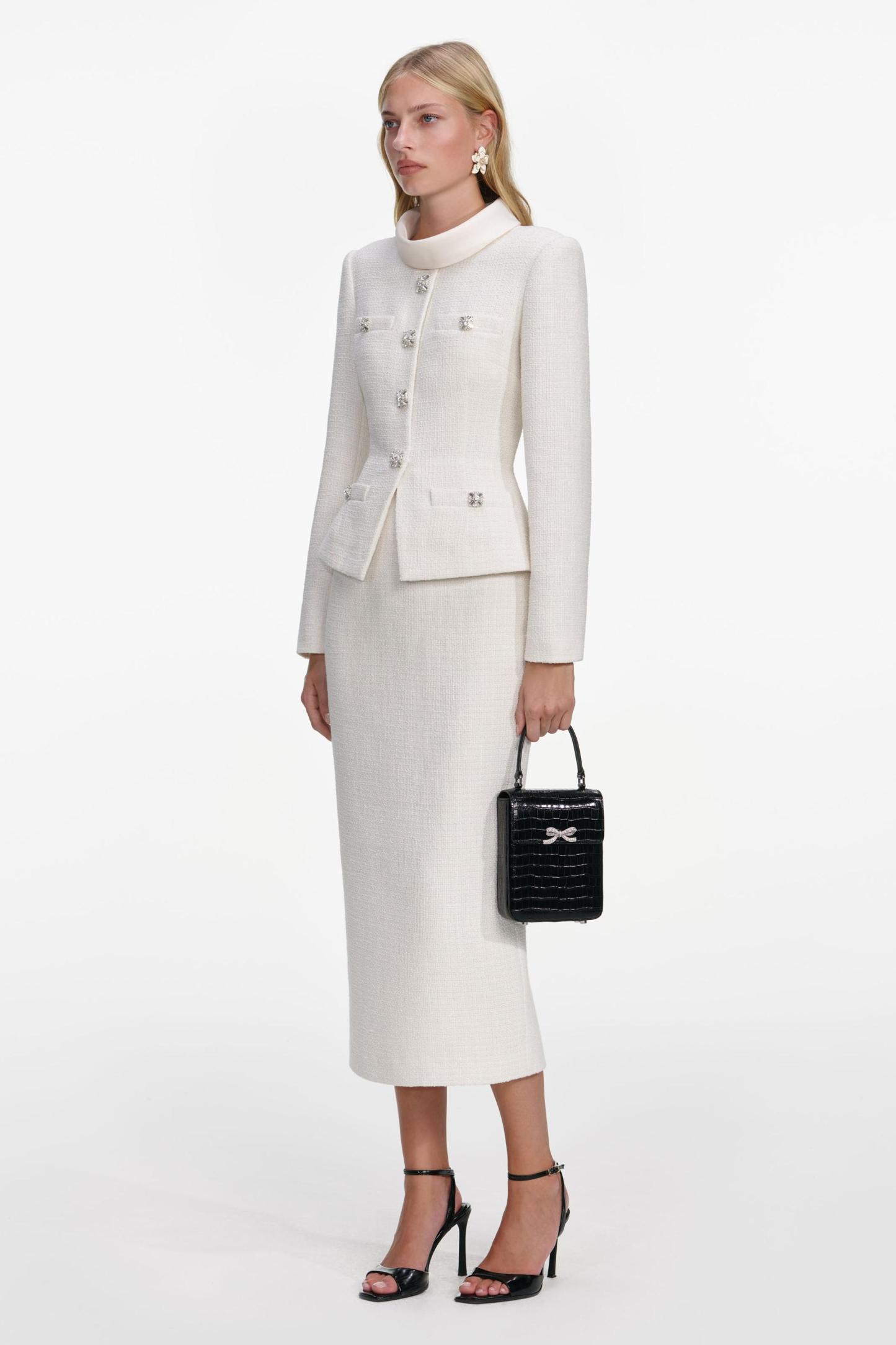 Stand Collar Rhinestone Button Top & Hight Waist Midi Skirt Set