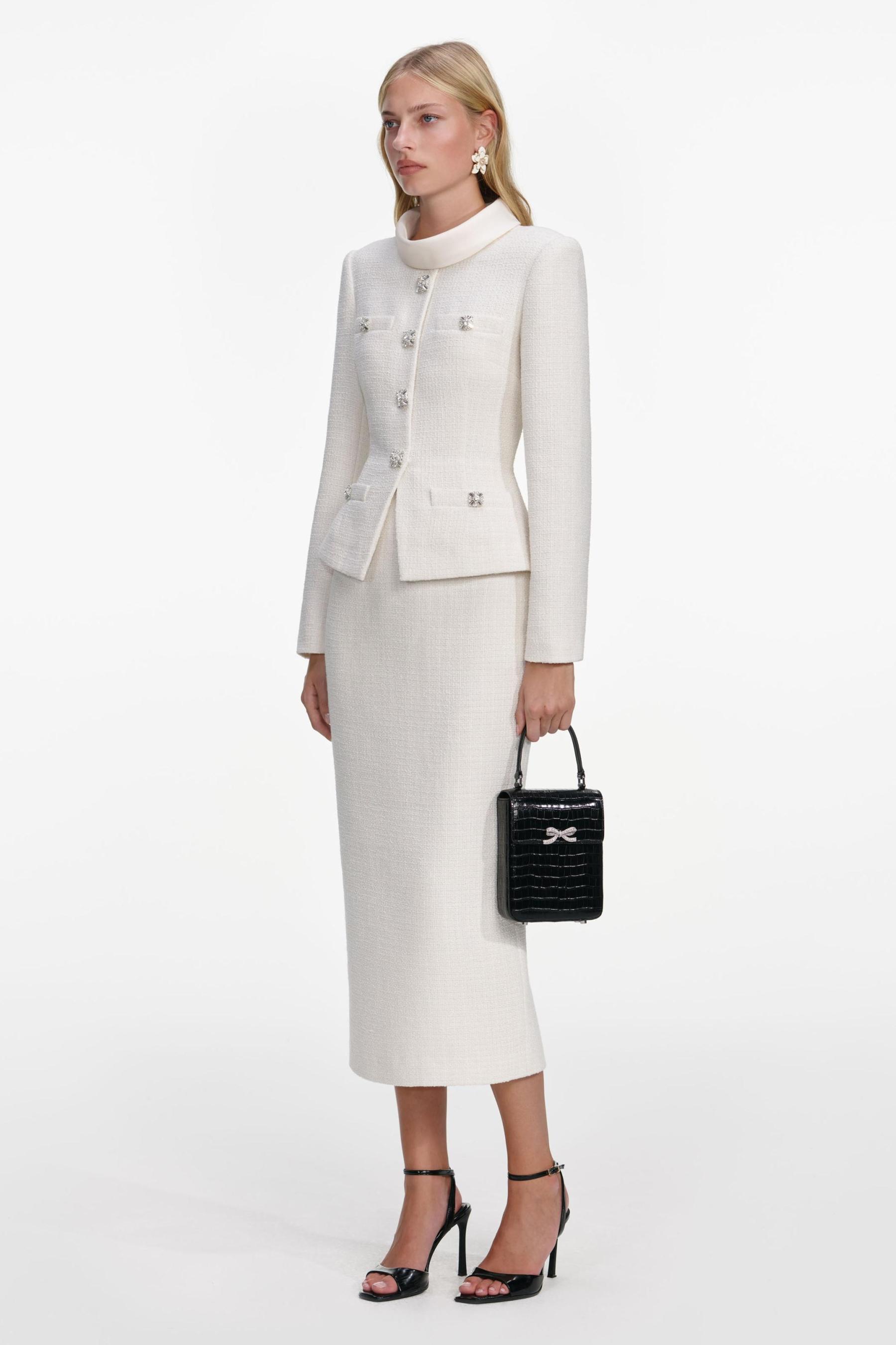 Stand Collar Rhinestone Button Top & Hight Waist Midi Skirt Set