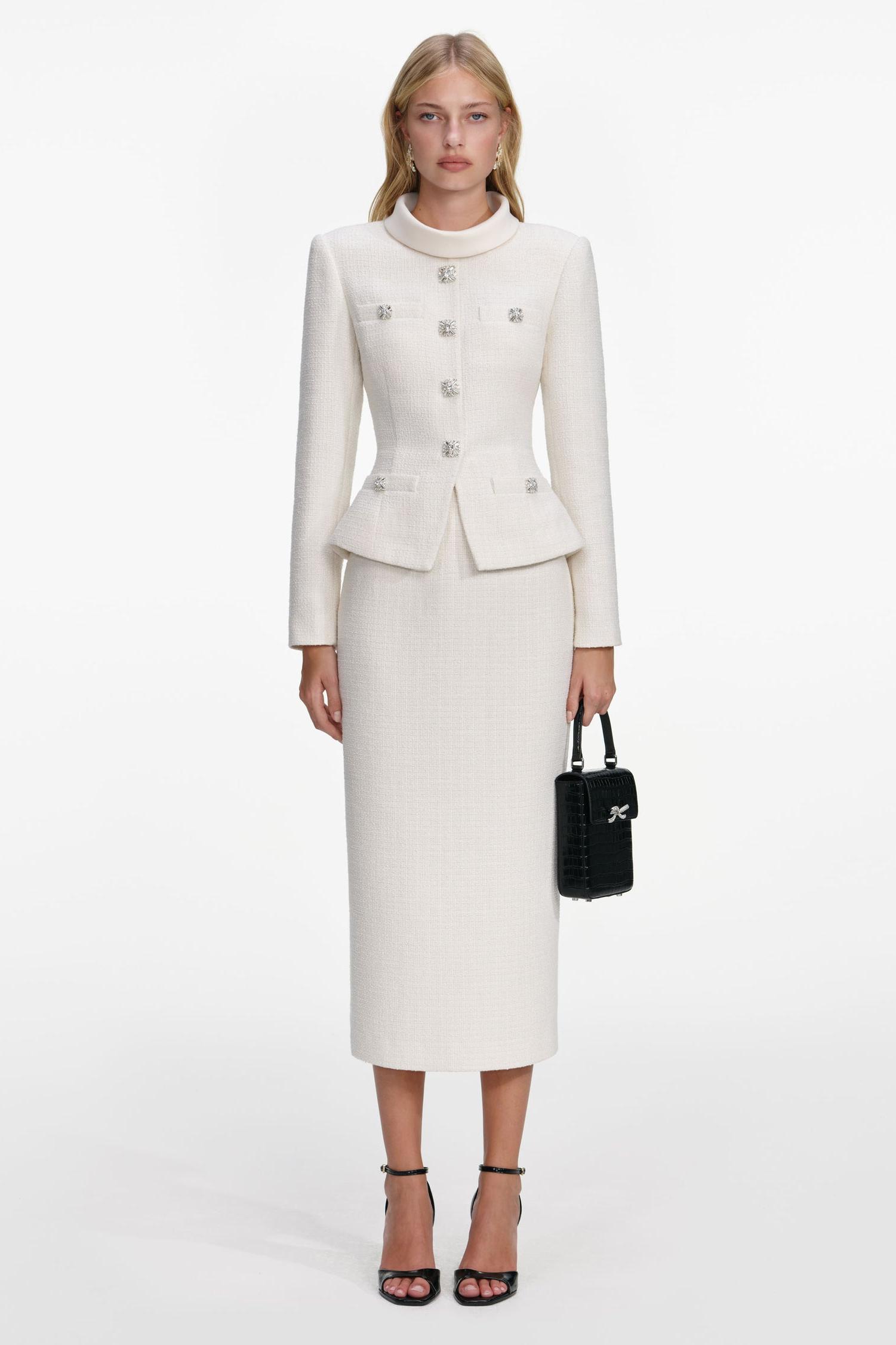 Stand Collar Rhinestone Button Top & Hight Waist Midi Skirt Set