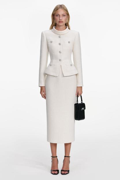 Stand Collar Rhinestone Button Top & Hight Waist Midi Skirt Set