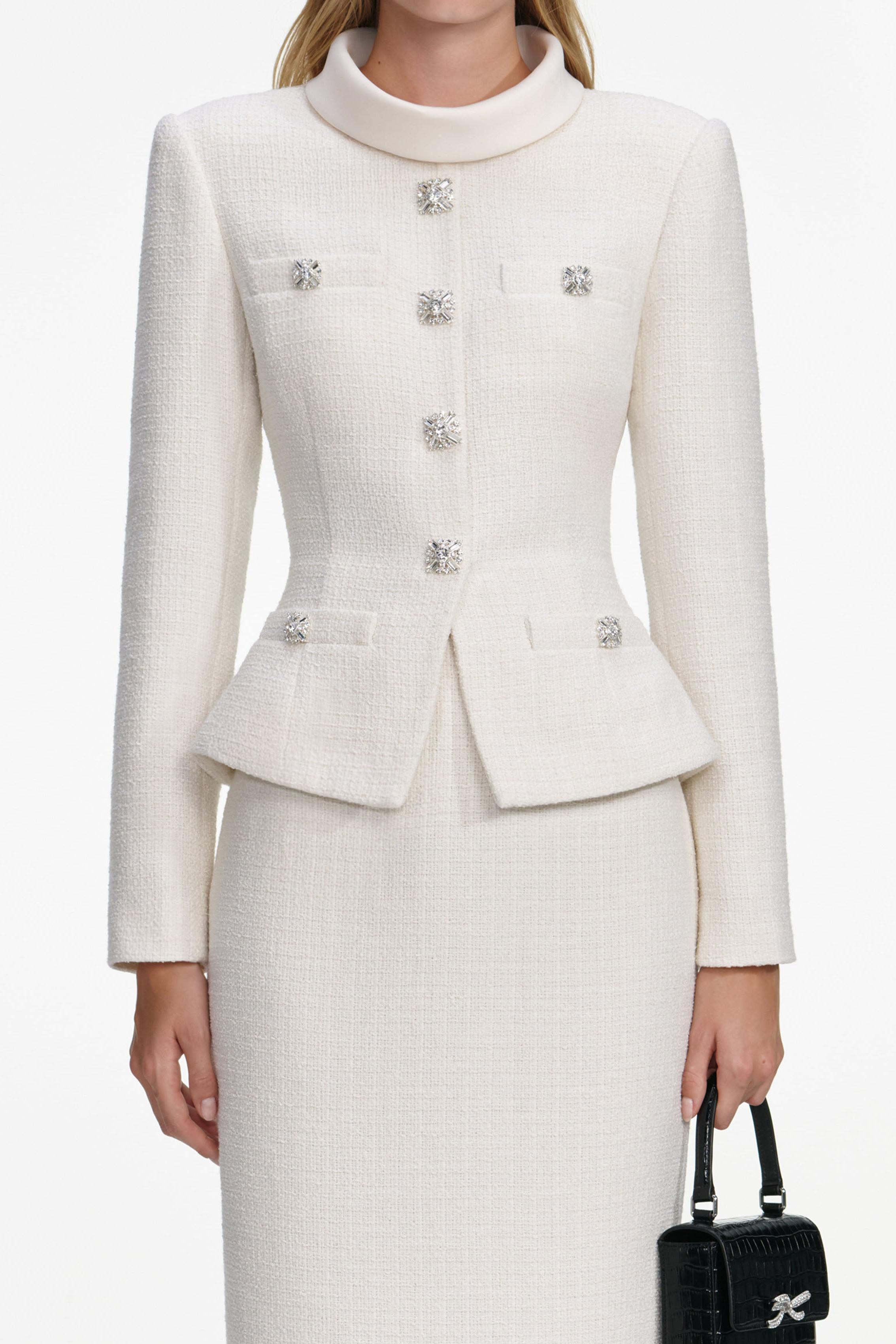 Stand Collar Rhinestone Button Top & Hight Waist Midi Skirt Set