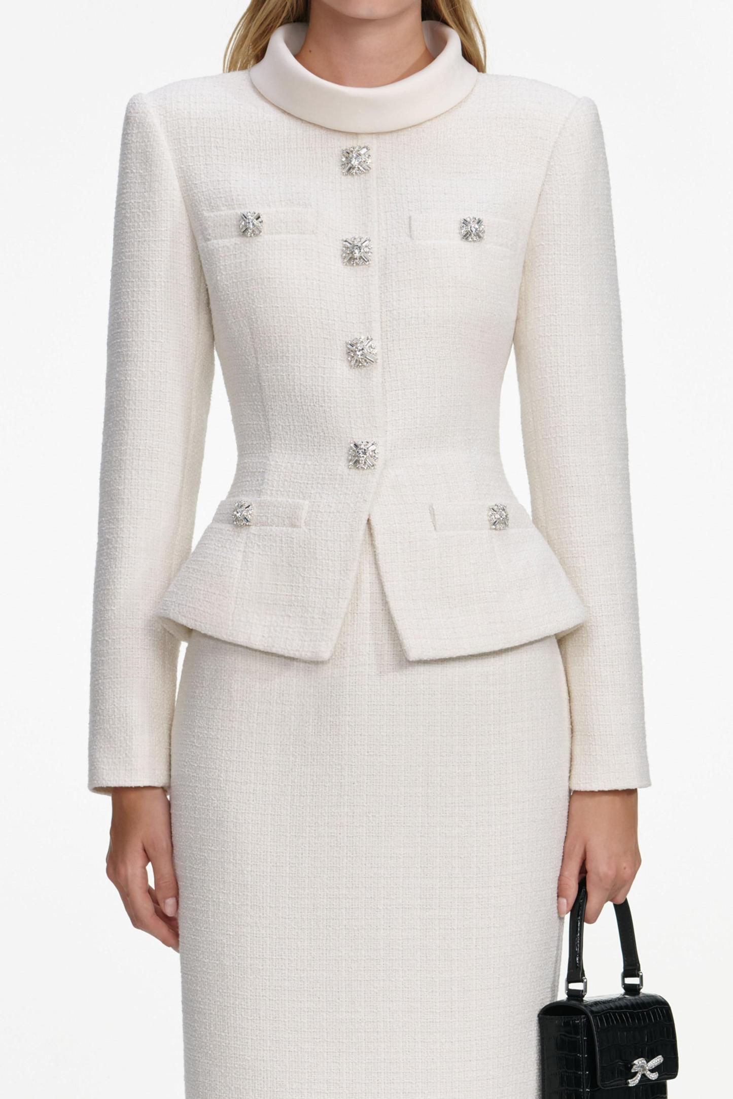 Stand Collar Rhinestone Button Top & Hight Waist Midi Skirt Set