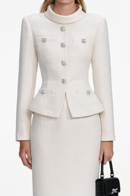 Stand Collar Rhinestone Button Top & Hight Waist Midi Skirt Set