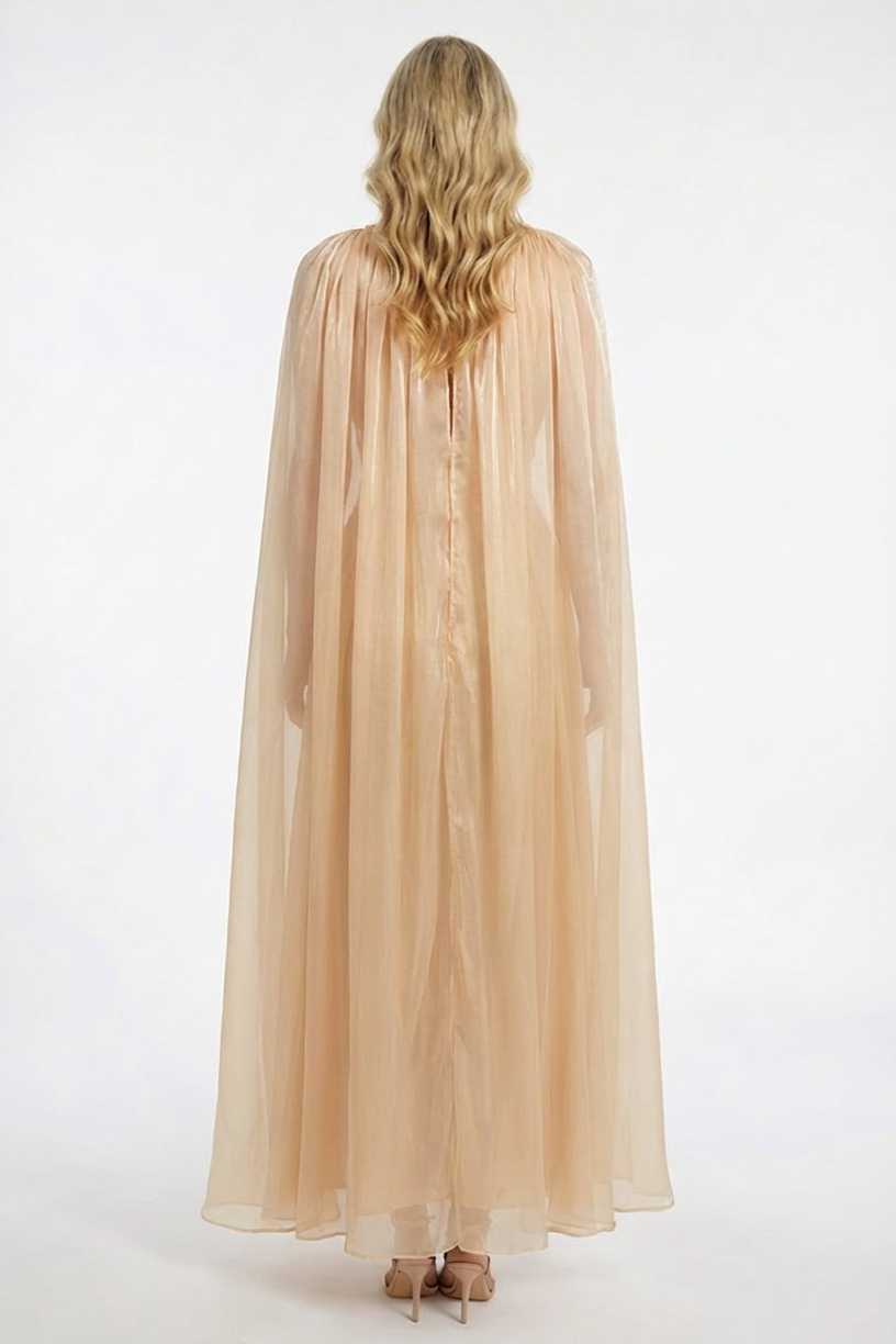 Pleated Metal Decorations Cape Sleeve Maxi Dress