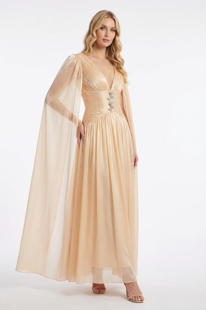 Pleated Metal Decorations Cape Sleeve Maxi Dress
