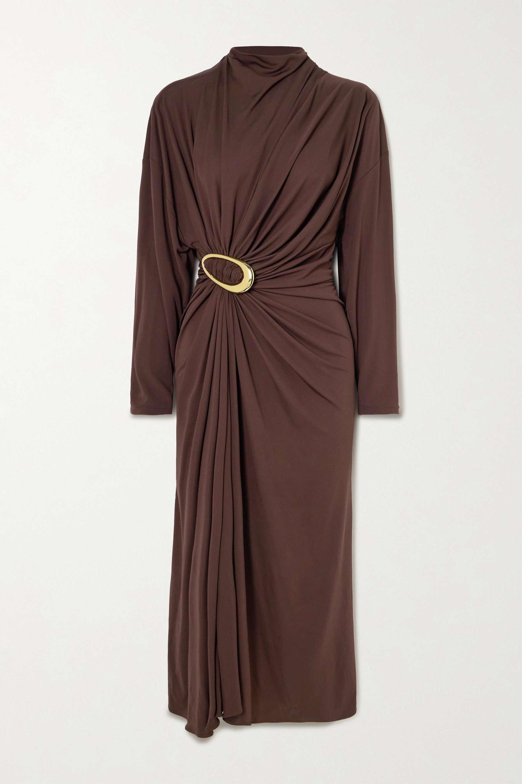 Jersey Metal Decorations Ruched Midi Dress