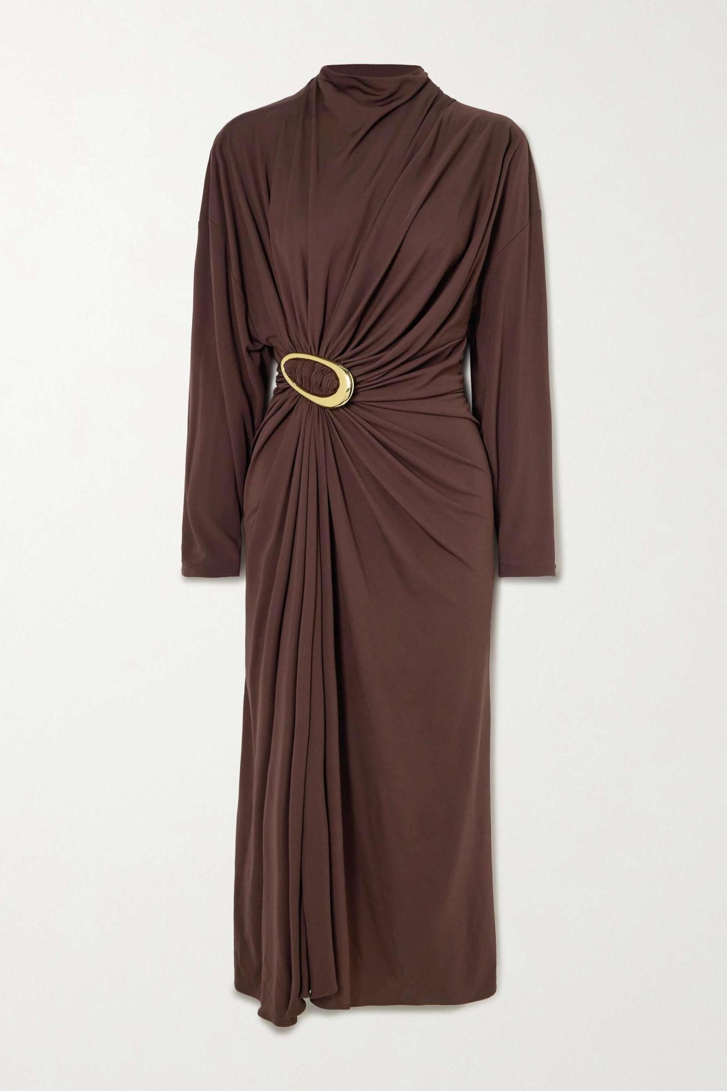 Jersey Metal Decorations Ruched Midi Dress