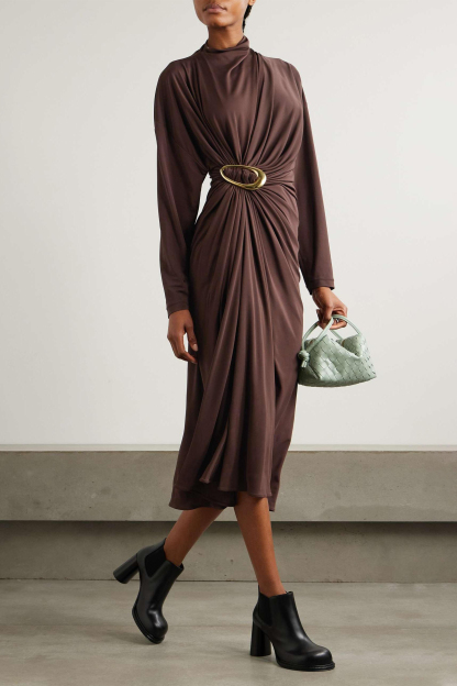 Jersey Metal Decorations Ruched Midi Dress