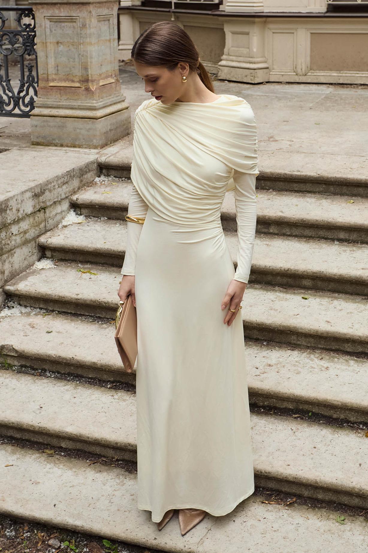 Solid Gathering Long Sleeve Maxi Dress