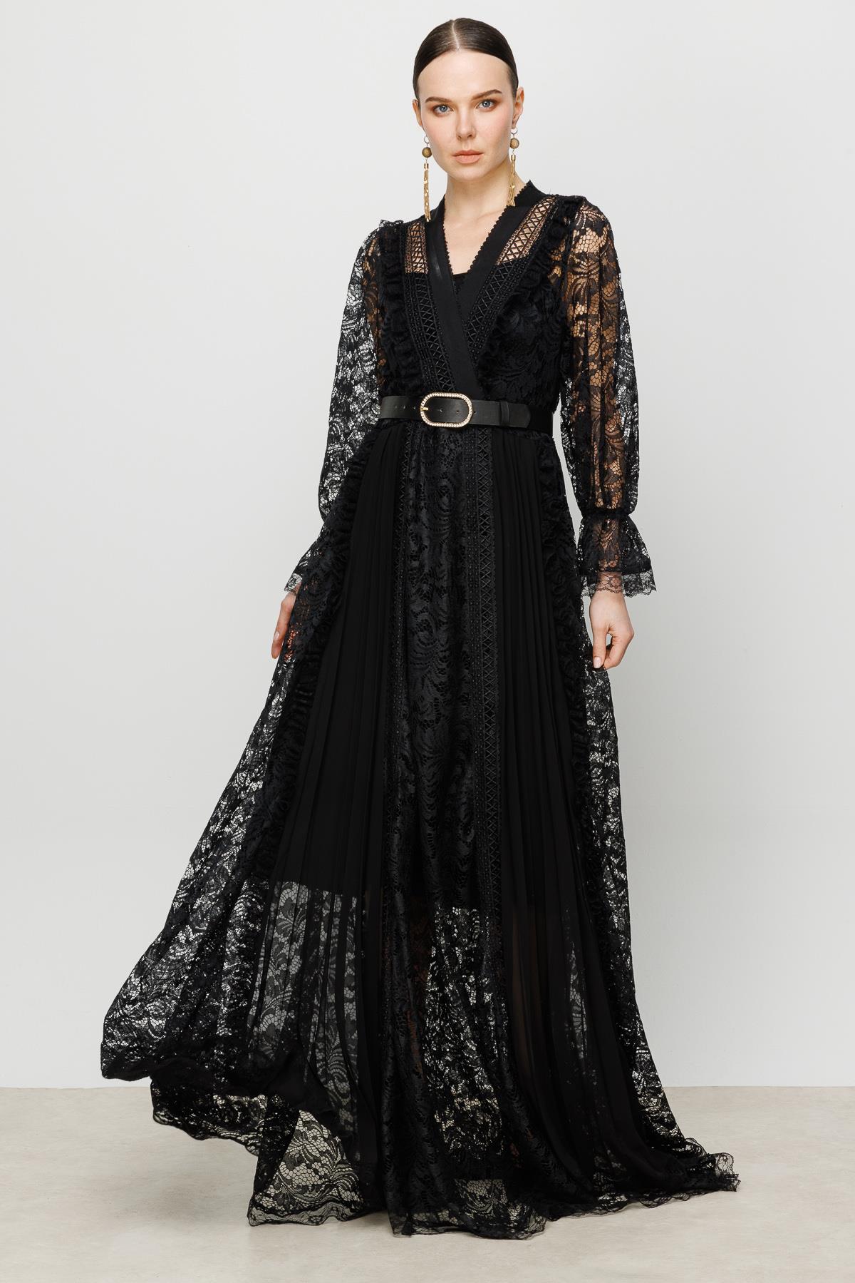 Chiffon Splicing Lace See-Through Maxi Dress With Belt