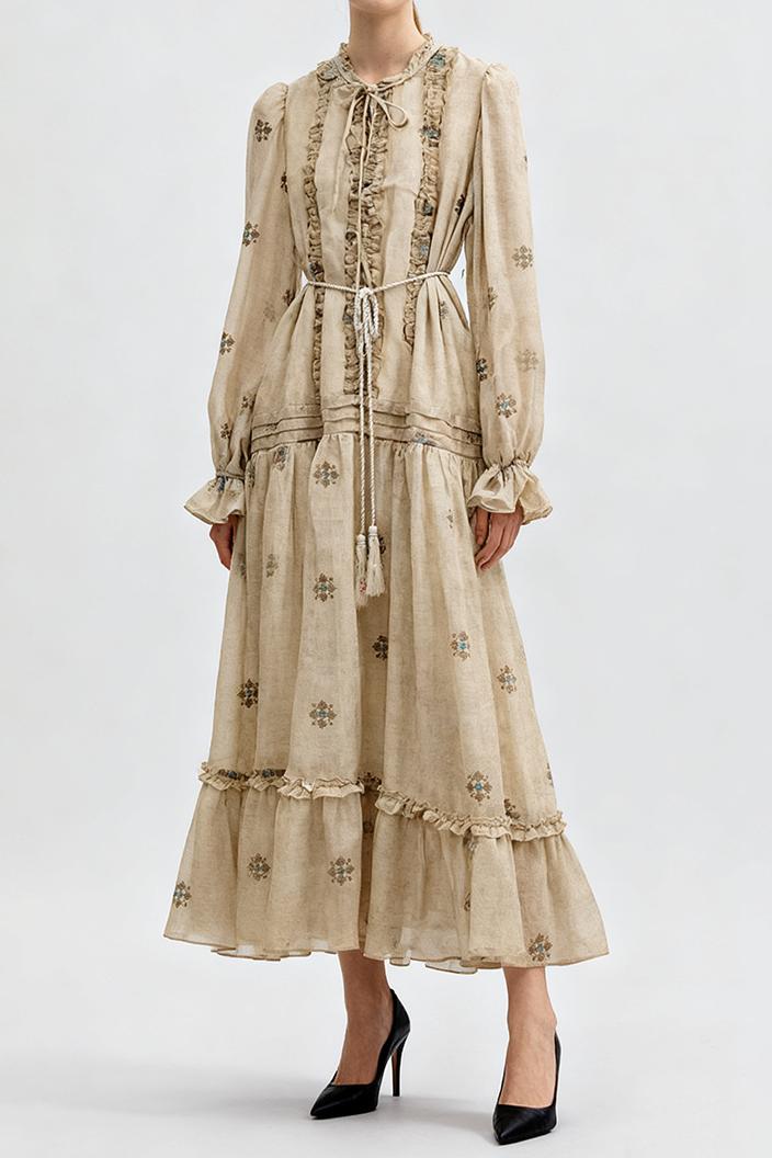 Embroidered Frill Tie-Up Midi Dress With Belt